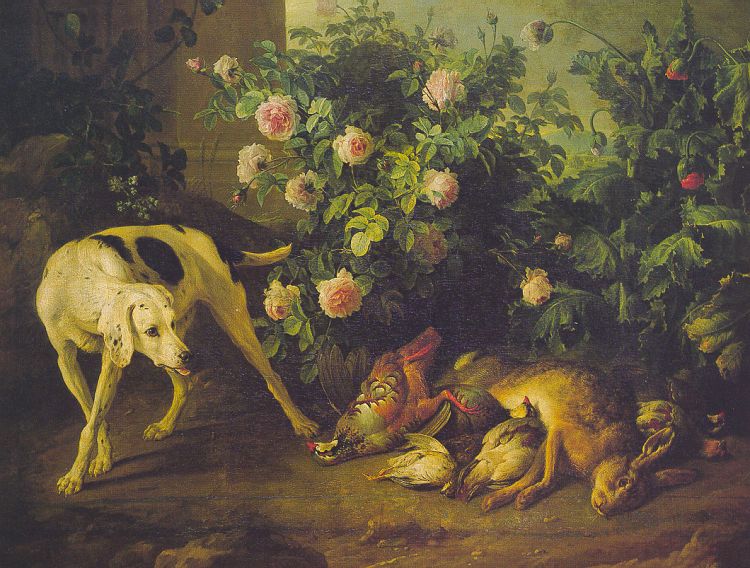 Francois Desportes Dog Guarding Game near a Rosebush